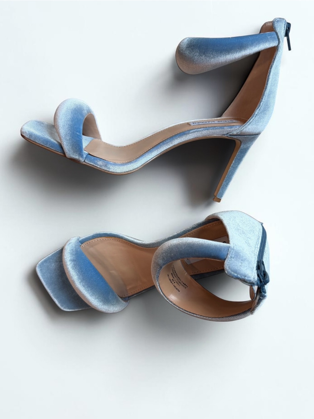 Steve Madden Powder Blue Velvet Ankle-Strap Stiletto Sandals - Picture 12 of 14